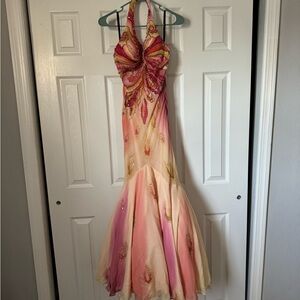 Vintage Y2K • Cassandra Stone • silk beaded fishtail halter  dress